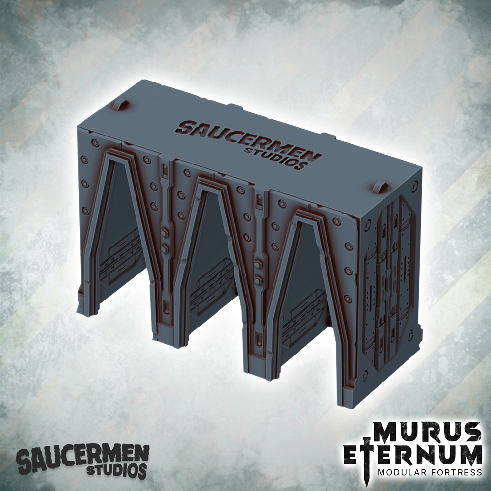 Murus Eternum Modular Fortress - Walkthrough Wall STL 6 Rendered Image of a 3D Printable Terrain Wall from the Murus Eternum Modular Fortress Set by Saucermen Studios. Grimdark themed with three walkthrough arched sections.